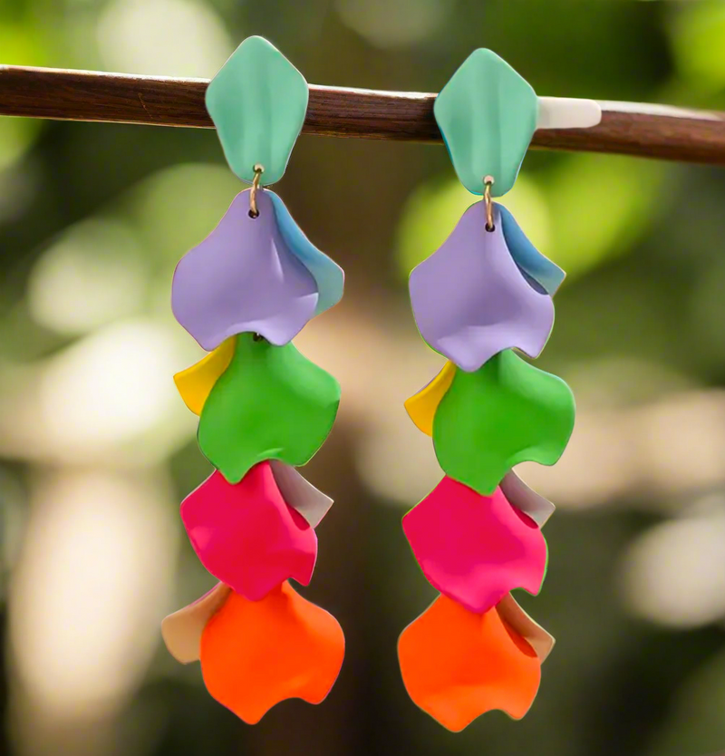 Bright and colorful multicolor floral petal drop earrings featuring stacked polymer clay petals in mint, lavender, green, yellow, pink, and orange. Perfect statement earrings for spring or Easter.