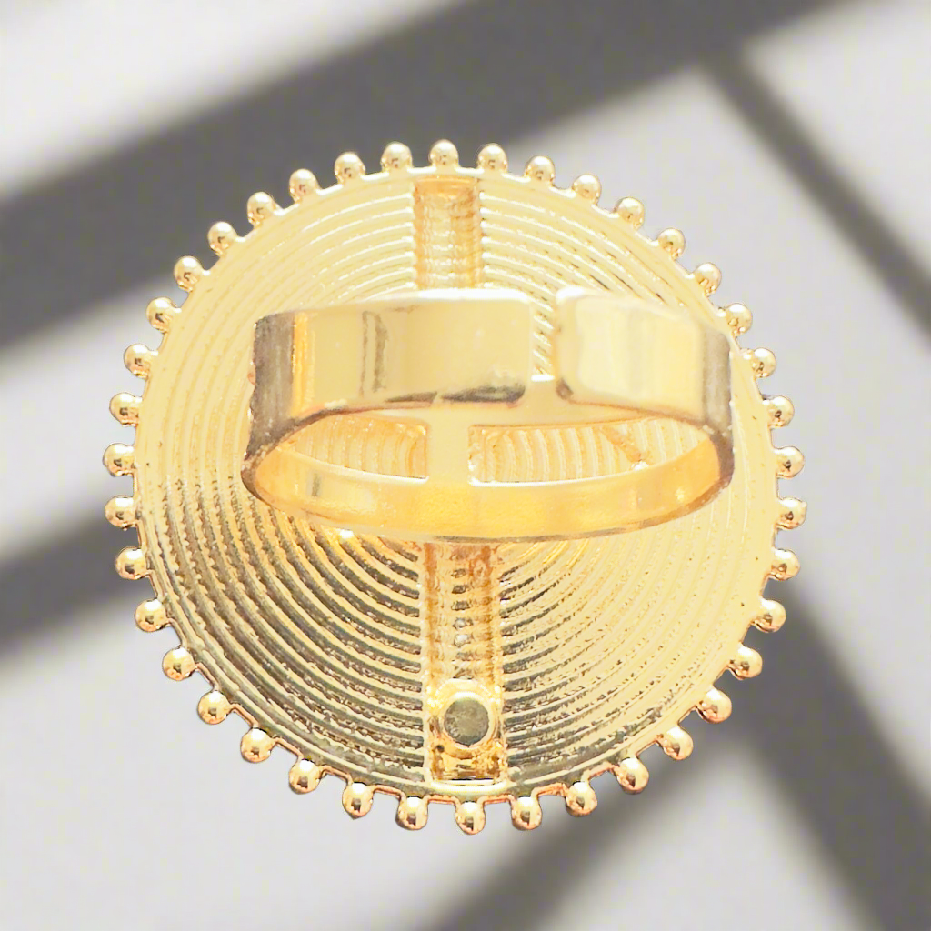 Akyene Sun Disc Ring – Akan-Inspired Adjustable Gold-Plated Statement Ring with Circular Spiral Design