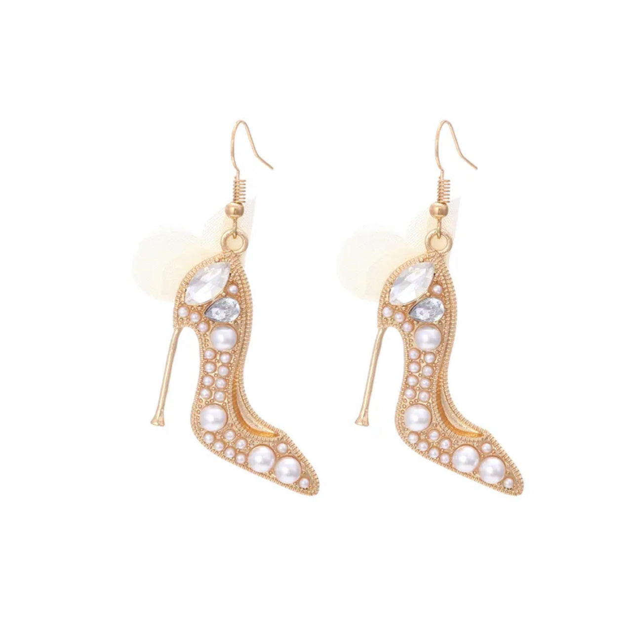 High heel-shaped pink rhinestone earrings with soft blush tulle detail and gold hooks.
