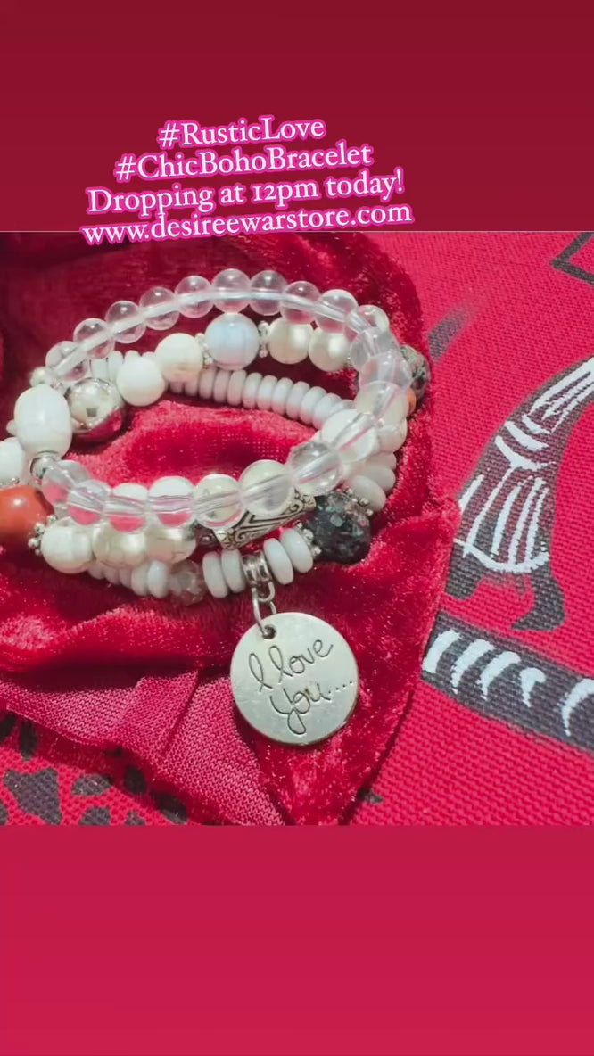  beaded bracelet featuring white howlite, clear quartz, and silver accents, with an “I Love You” charm Perfect for Valentine’s Day or a heartfelt gift.